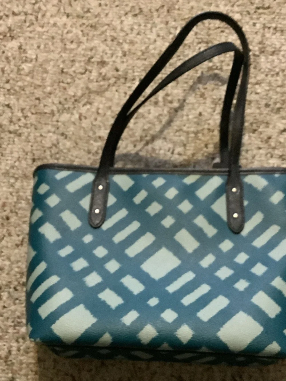Coach Teal and Light Blue Patterned Tote with Black Straps,‎